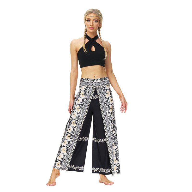 Women's Casual Slit Wide Leg Hippie Boho Pants | Elegant Flower Design | S-L