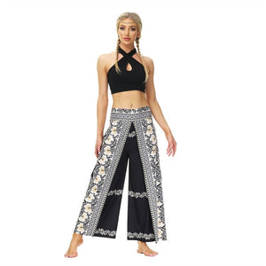 Women's Casual Slit Wide Leg Hippie Boho Pants | Elegant Flower Design | S-L