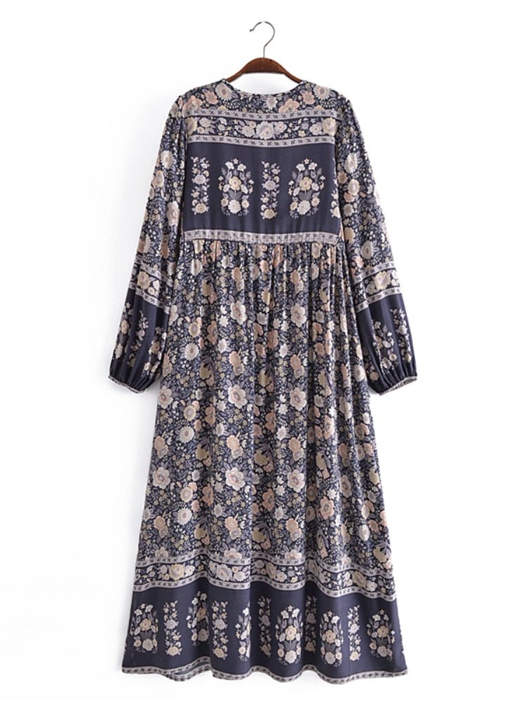 Grey Floral Vintage Styled Dress | Tassels + V-Neck | S-L