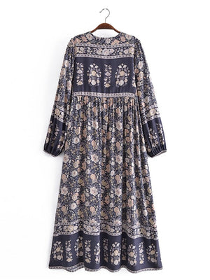 Grey Floral Vintage Styled Dress | Tassels + V-Neck | S-L
