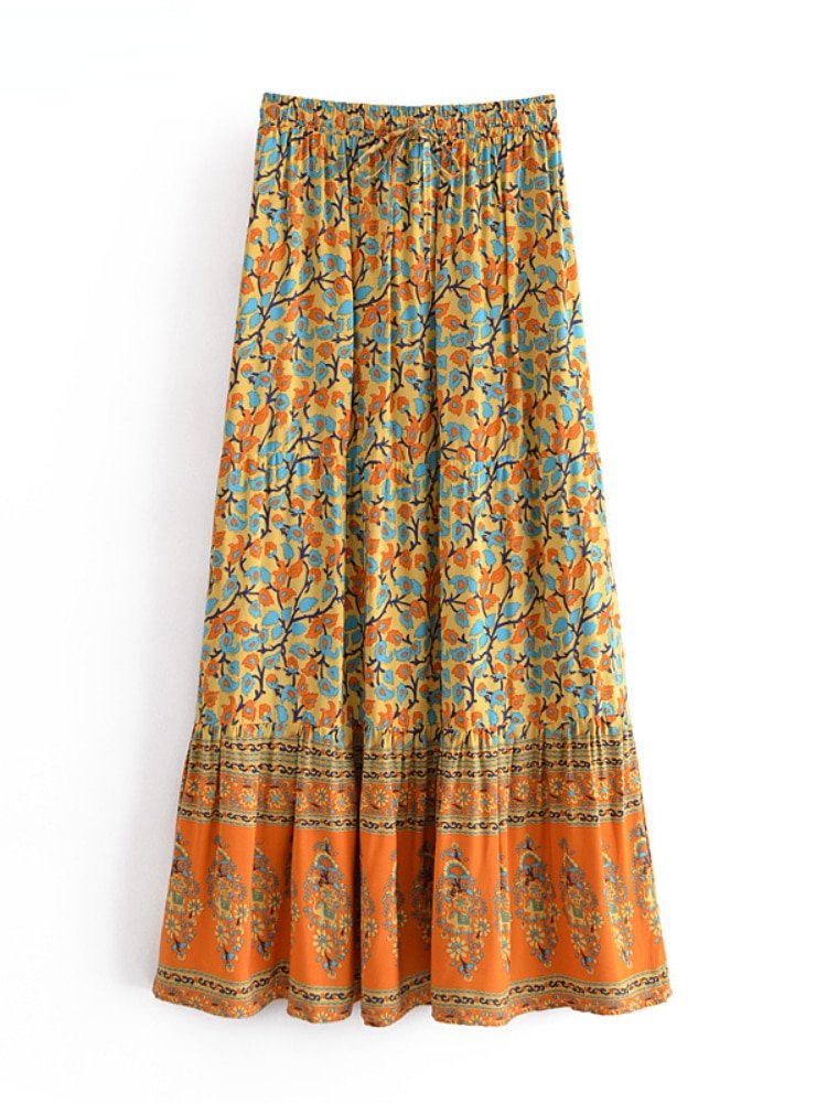 Women's Bohemian Styled Yellow Sun Flower Long Skirt | S-L