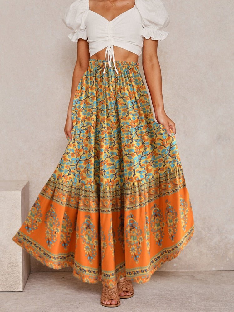Women's Bohemian Styled Yellow Sun Flower Long Skirt | S-L