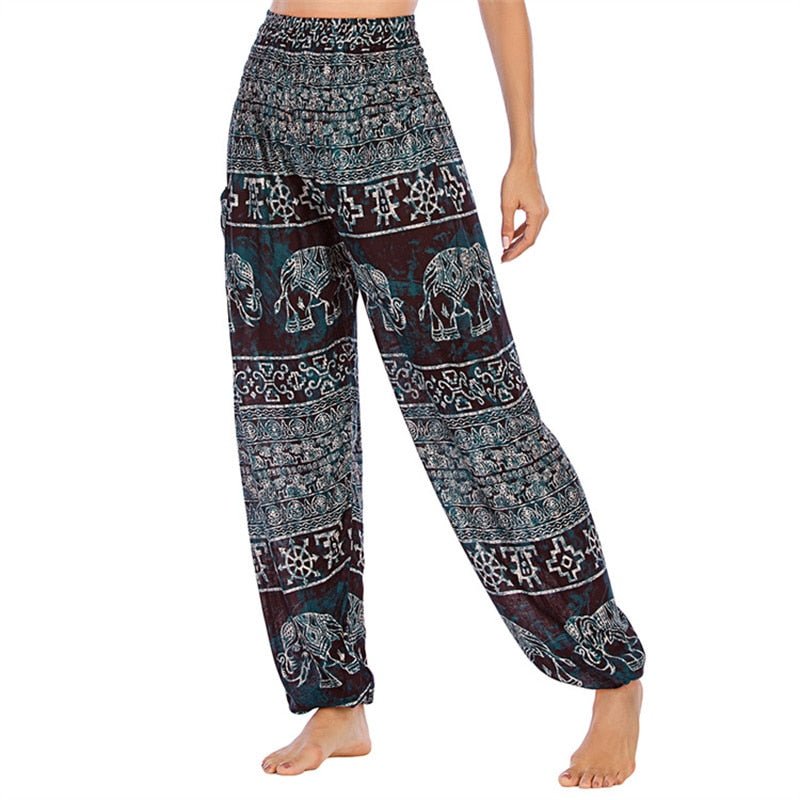 Women's Hippie Yoga Pants | Elephant Boho Design | Free Size