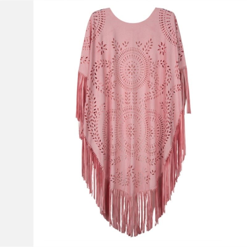 Women's Pink Bohemian Cardigan Cloak With Tassels | Hollowed Out | Free Size