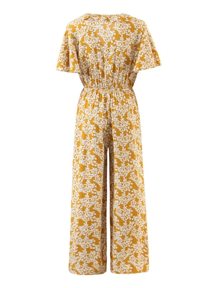 Women's Full Length Yellow Floral Printed Boho Jumpsuit | Short Sleeve + V-neck | S-L