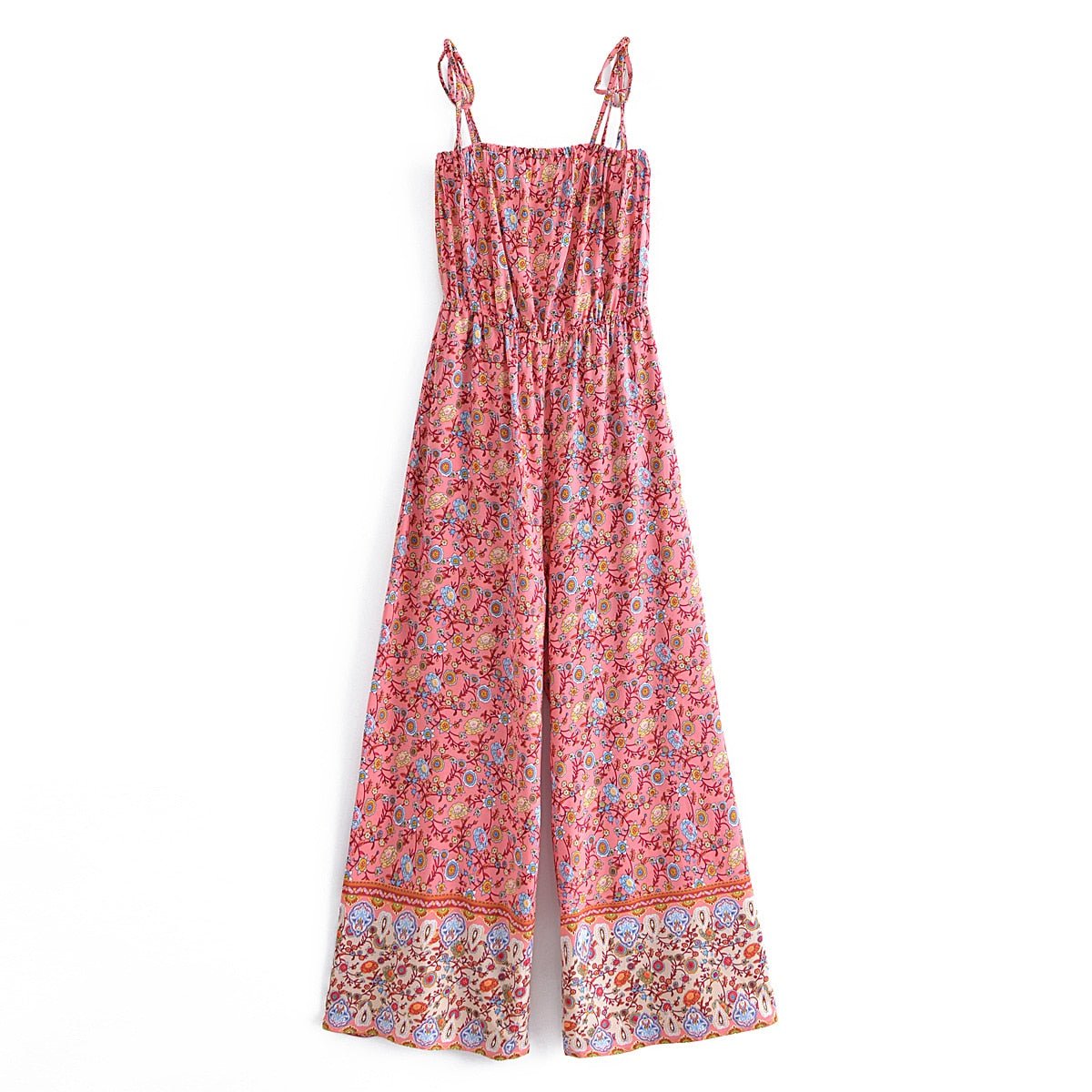 Women's Full Length Red Floral Printed Boho Jumpsuit | Strapless + V-neck | S-L