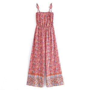 Women's Full Length Red Floral Printed Boho Jumpsuit | Strapless + V-neck | S-L