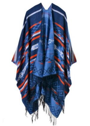 Ethnic Blanket Poncho With Tassels | Tibet Blue | Free Size