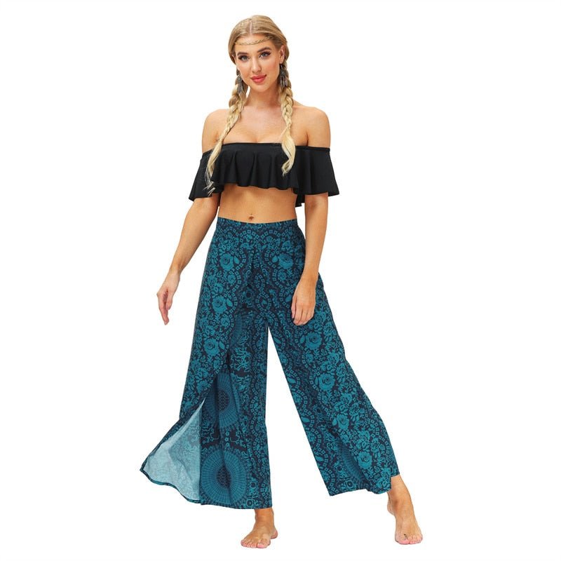 Women's Casual Slit Wide Leg Hippie Boho Pants | Bohemian Blue | S-L