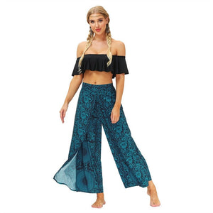 Women's Casual Slit Wide Leg Hippie Boho Pants | Bohemian Blue | S-L