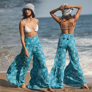 Women's Hippie Waist High Flare Pants | Blue Flower Design | S-XL