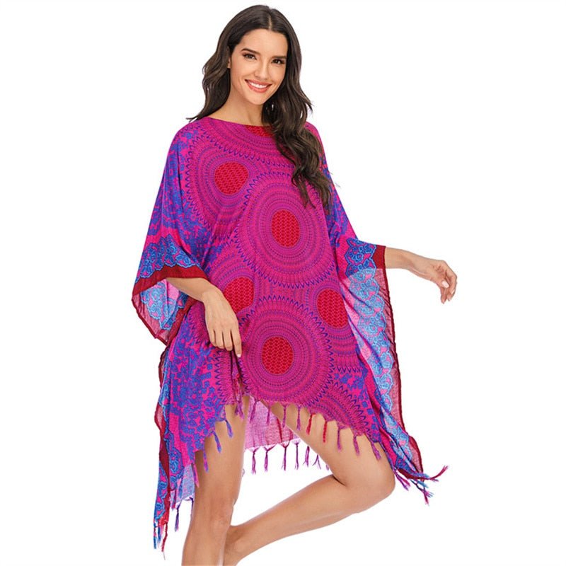 Boho Bikini Cover Up | Rose Red Bohemian Swimwear Beach Top | Free Size