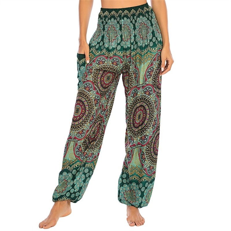 Women's Hippie Yoga Pants | Green Boho Swirl Design | Free Size