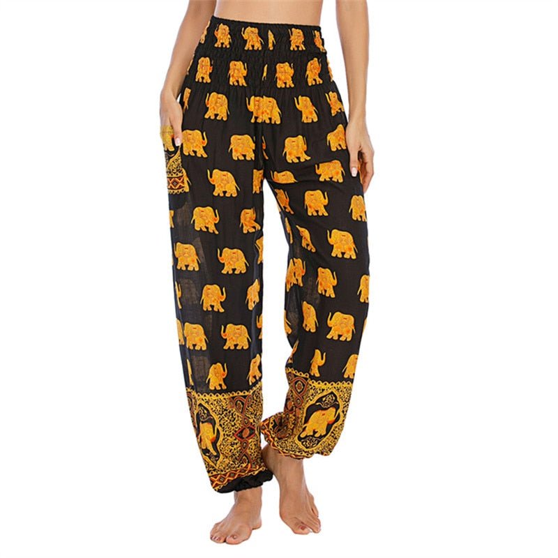 Women's Hippie Yoga Pants | Black & Yellow Thai Design | Free Size