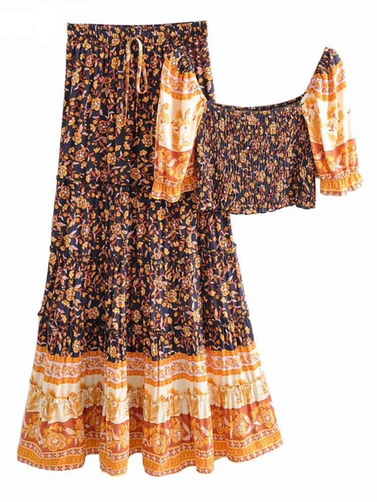 Women's Two Piece Bohemian Spice Outfit | Off Shoulder Top + Drawstring Skirts 2 | S-L