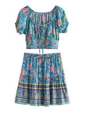 Women's Cute Boho Two Piece Outfit | Top + Bohemian Skirt | S-L | Various Colours