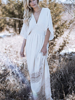 Women's White Lace Bohemian Beach Maxi Dresses | S-L