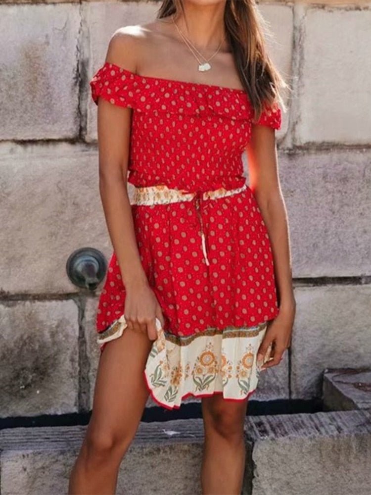 Women's Boho Off Shoulder Strapless Red Or Black Top With Matching Mini Skirt | Clothing Set | M-L