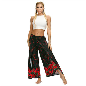 Women's Casual Slit Wide Leg Hippie Boho Pants | Japanese Flowers Design | S-L