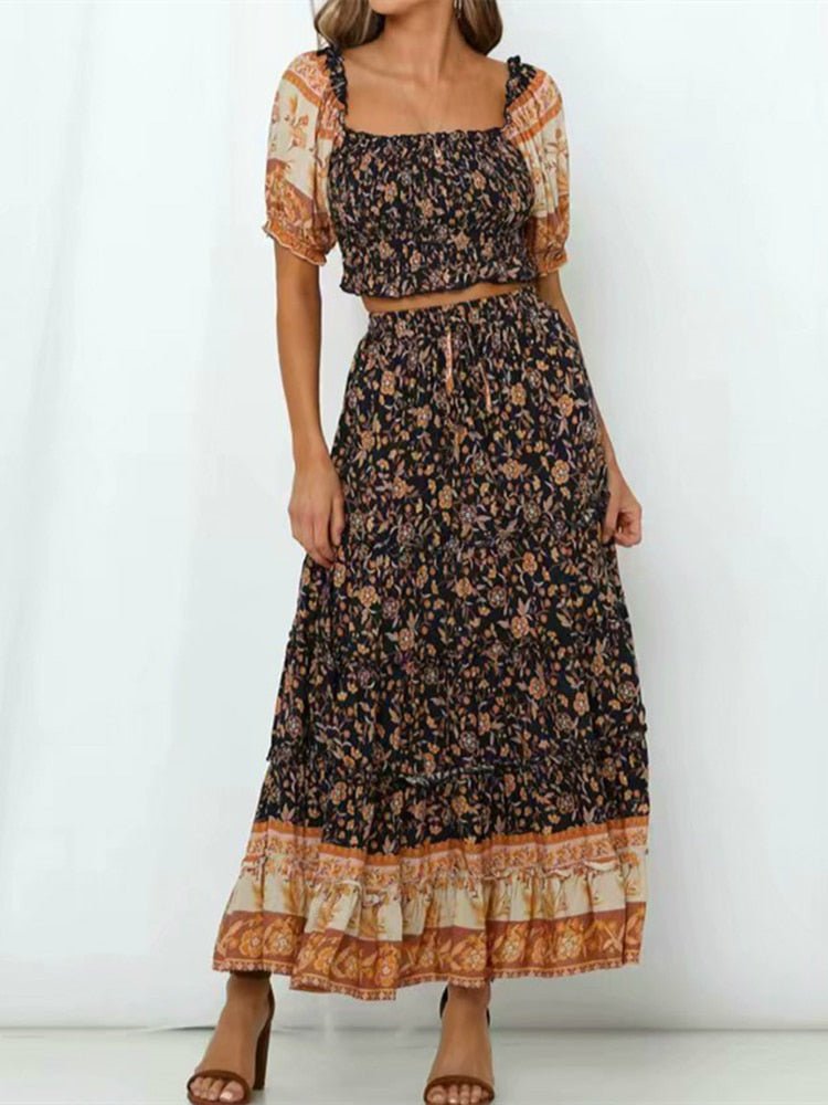 Women's Two Piece Bohemian Spice Outfit | Off Shoulder Top + Drawstring Skirts 2 | S-L