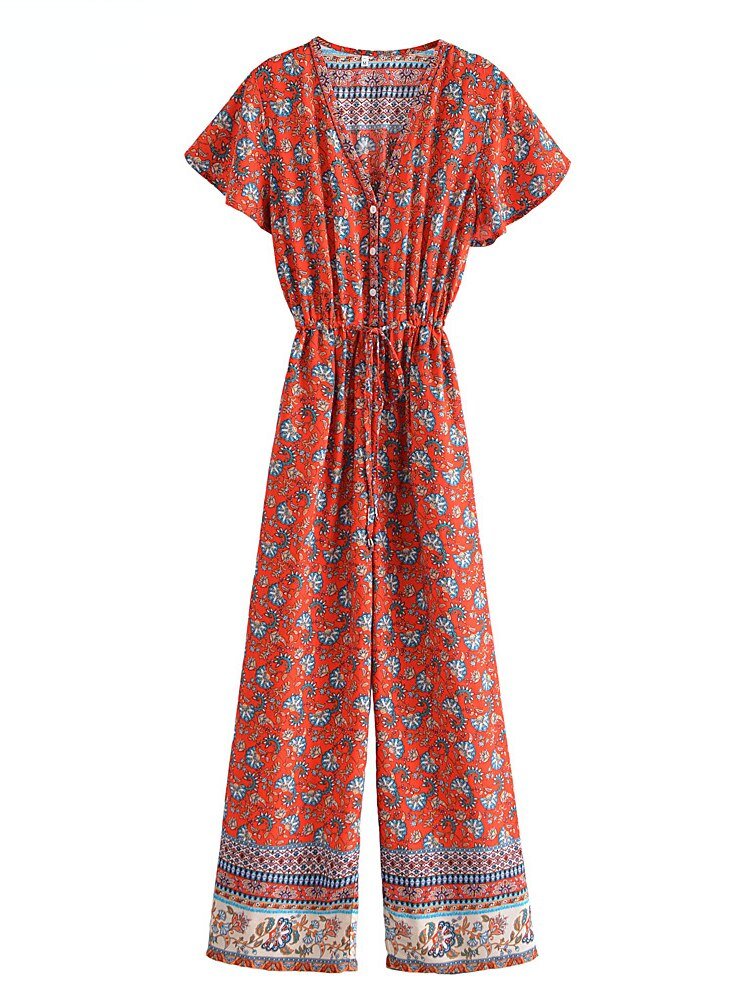 Women's Full Length Red Floral Printed Boho Jumpsuit | Short Sleeve + V-neck | S-L
