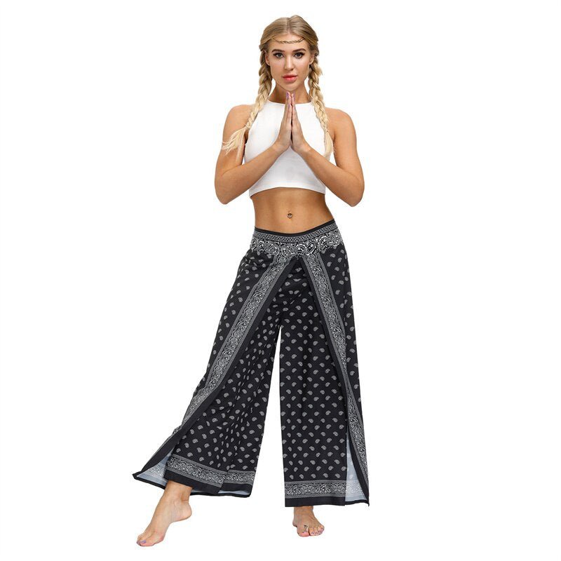 Women's Casual Slit Wide Leg Hippie Boho Pants | Black & White Design | S-L