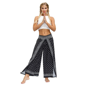Women's Casual Slit Wide Leg Hippie Boho Pants | Black & White Design | S-L