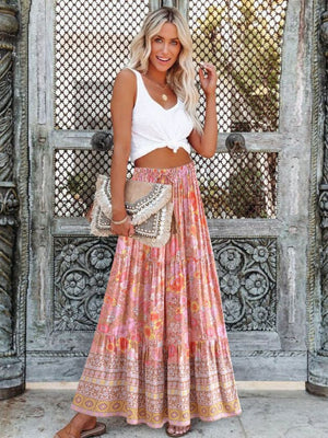 Women's Hippie High Waisted Skirt | Floral Pink | S-L