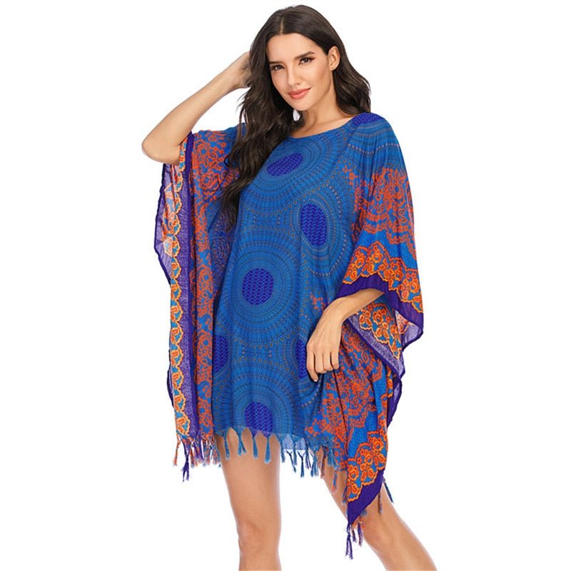 Boho Bikini Cover Up | Blue Bohemian Swimwear Beach Top | Free Size