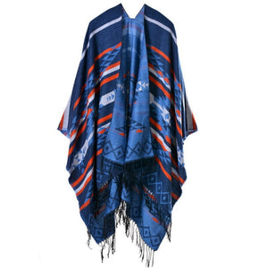 Ethnic Blanket Poncho With Tassels | Tibet Blue | Free Size