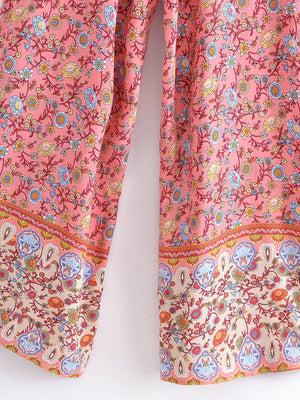 Women's Full Length Red Floral Printed Boho Jumpsuit | Strapless + V-neck | S-L