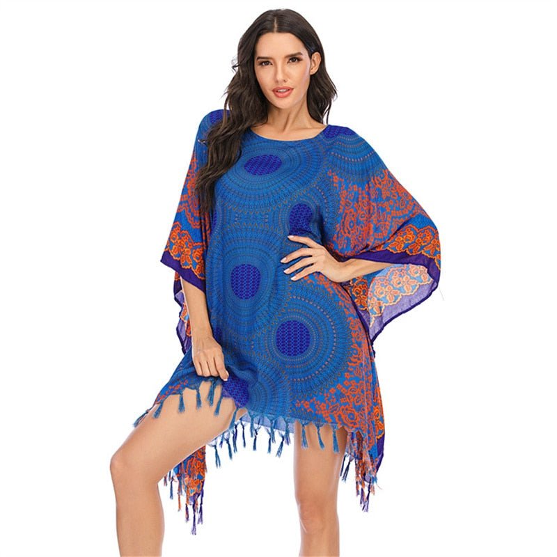 Boho Bikini Cover Up | Blue Bohemian Swimwear Beach Top | Free Size