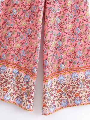 Women's Full Length Red Floral Printed Boho Jumpsuit | Strapless + V-neck | S-L