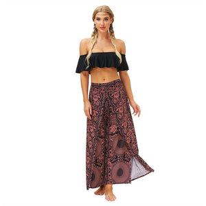 Women's Casual Slit Wide Leg Hippie Boho Pants | Bohemian Red | S-L