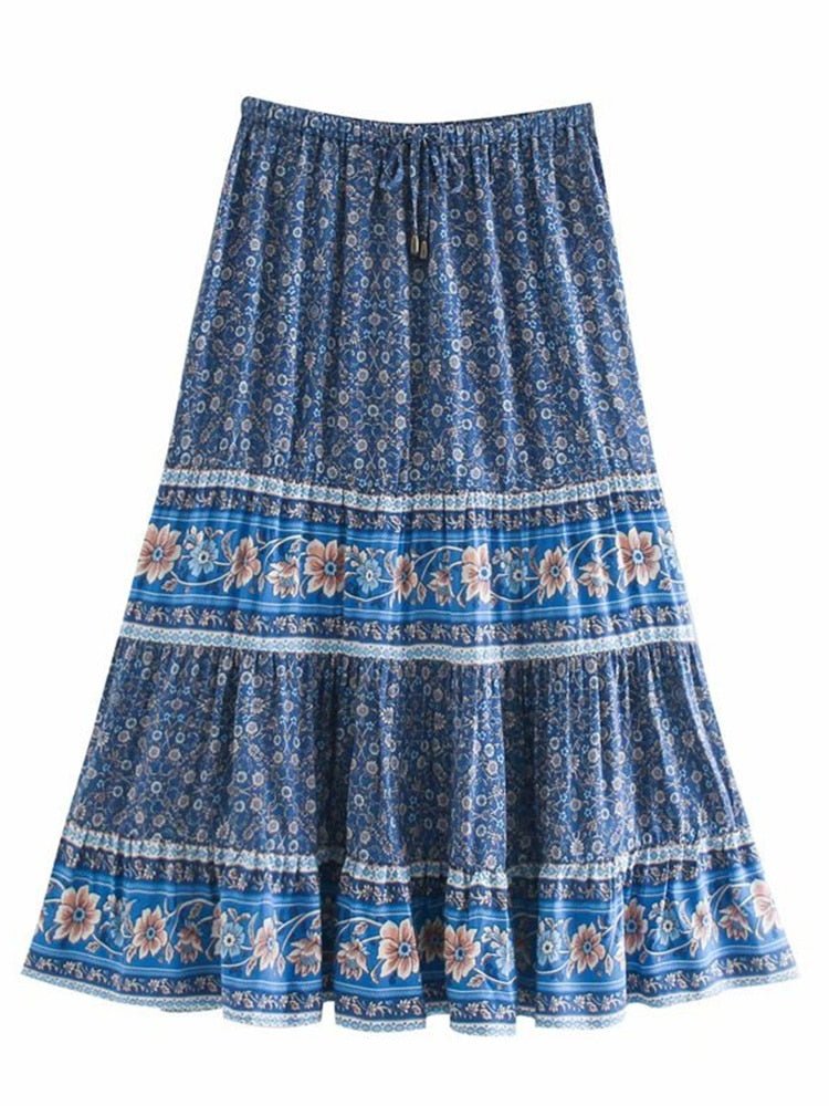 Women's Hippie High Waisted Skirt | Floral Blue / Red | S-L