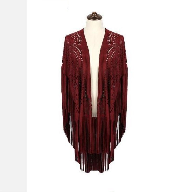 Women's Red Bohemian Cardigan Cloak With Tassels | Hollowed Out | Free Size