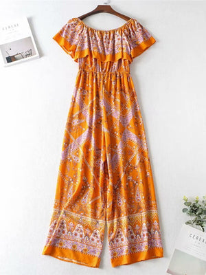 Women's Orange Floral Printed Sleeveless Boho Bodysuit Romper | S-L