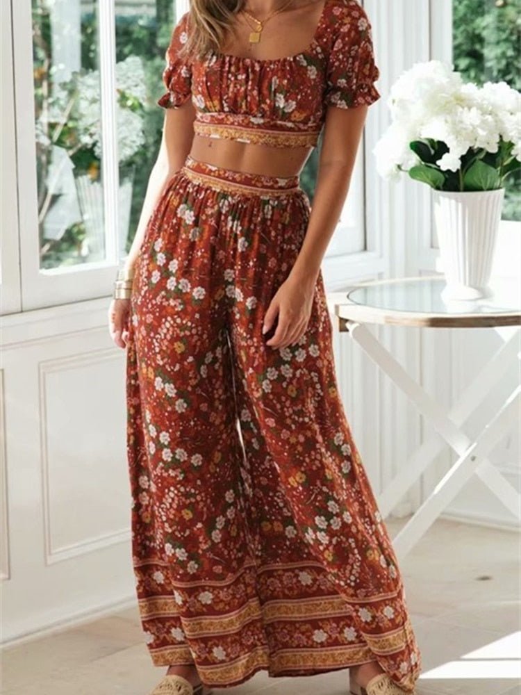 Cool Women's Brown Bohemian Styled Clothing Set | Pants + Sleeveless Top | S-M