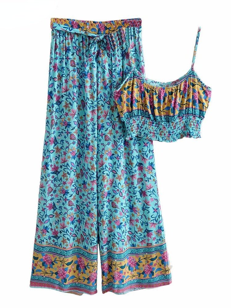 Women's Blue 60's Flower Child Two Piece Outfit | Sleeveless Top + Bohemian Pants | S-L