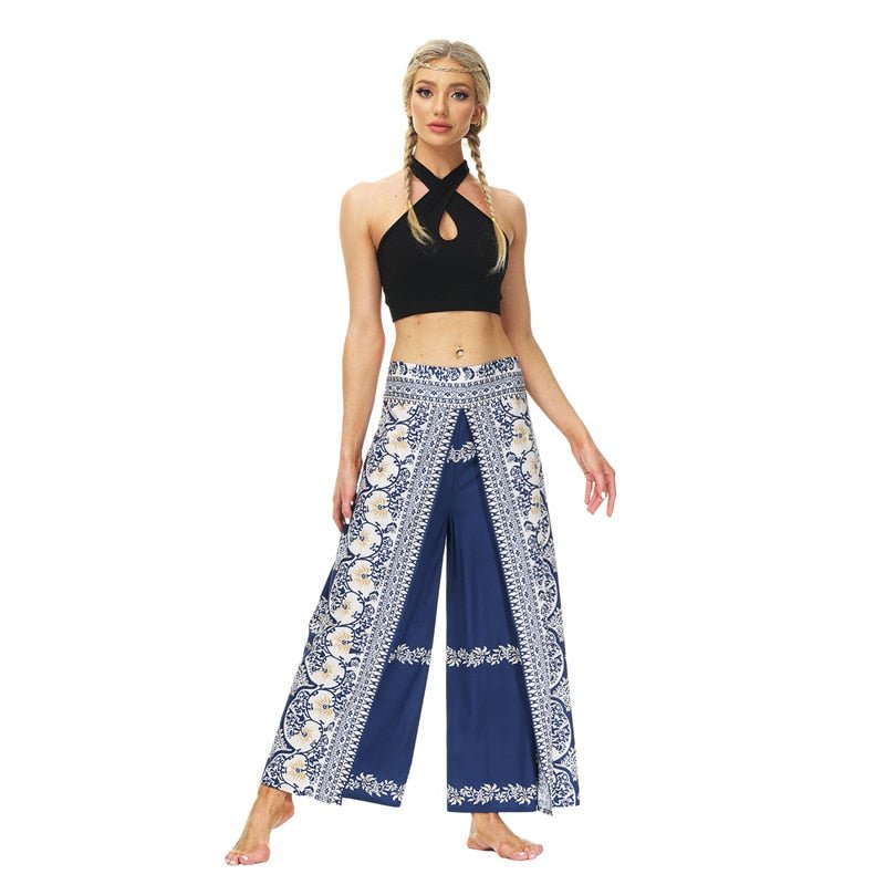Women's Casual Slit Wide Leg Hippie Boho Pants | Blue Flower Design | S-L