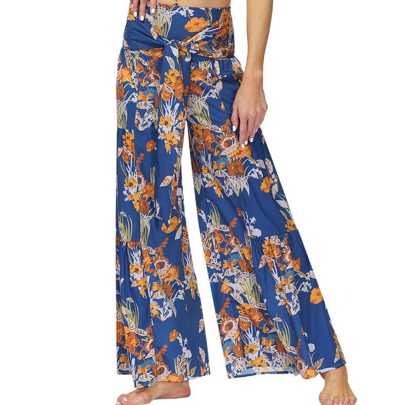 Women's Hippie Waist High Flare Pants | Deep Floral Blue Design | S-XL