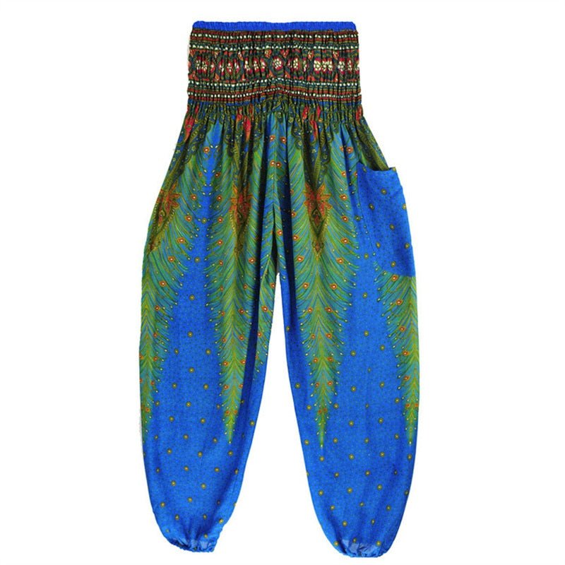 Women's Hippie Yoga Pants | Blue & Green Genie Design | Free Size