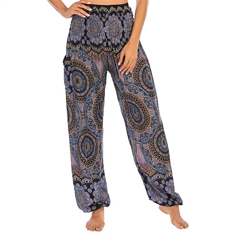 Women's Hippie Yoga Pants | Boho Floral Swirl Design | Free Size