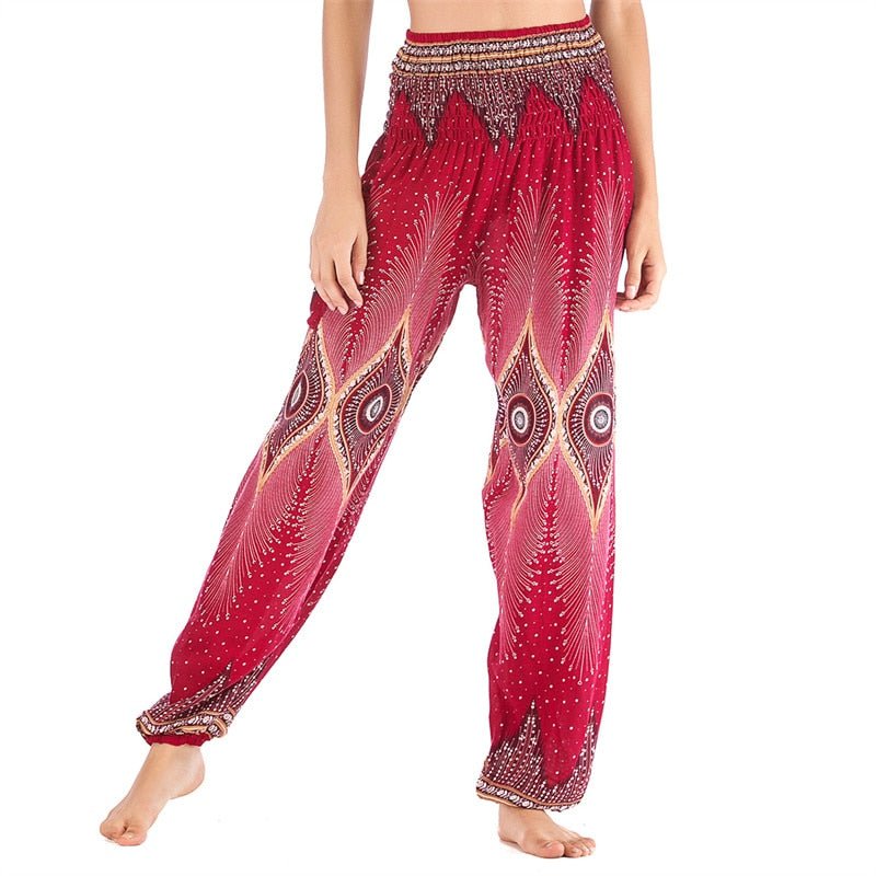 Women's Hippie Yoga Pants | Red Aztec Design | Free Size
