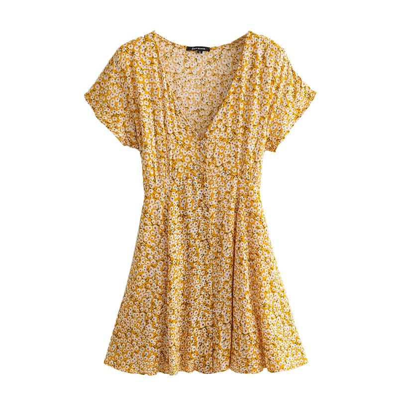 Women's Hippie Yellow Deep V-Neck Dress | Boho Flowers | S-L