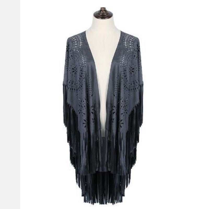 Women's Blue Bohemian Cardigan Cloak With Tassels | Hollowed Out | Free Size