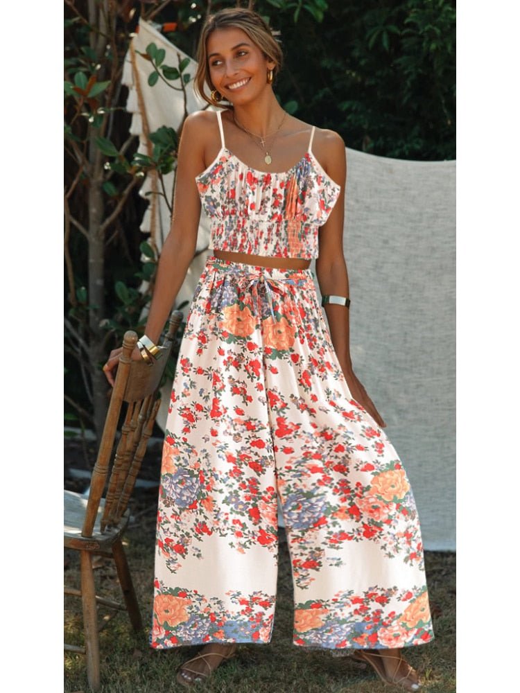 Women Multi Floral Printed Two Piece Suit | Sleeveless Top + Bohemian Loose Pants | S-L