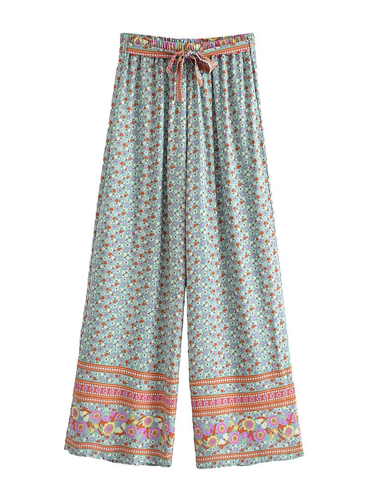 Women's Green Floral Bohemian Two Piece Outfit | Sleeveless Top + Loose Pants | S-L