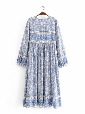 Light Blue Floral Vintage Styled Dress | Tassels + V-Neck | S-L