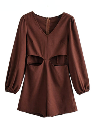 Women's Solid Linen Cotton Boho Romper | V Neck + Hollowed Out Waist | S-L